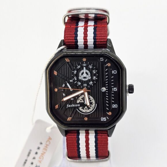 Men's 42MM Minimalist Watch Black Case Dial Date Multicolor Canvas Band Strap - Picture 1 of 14